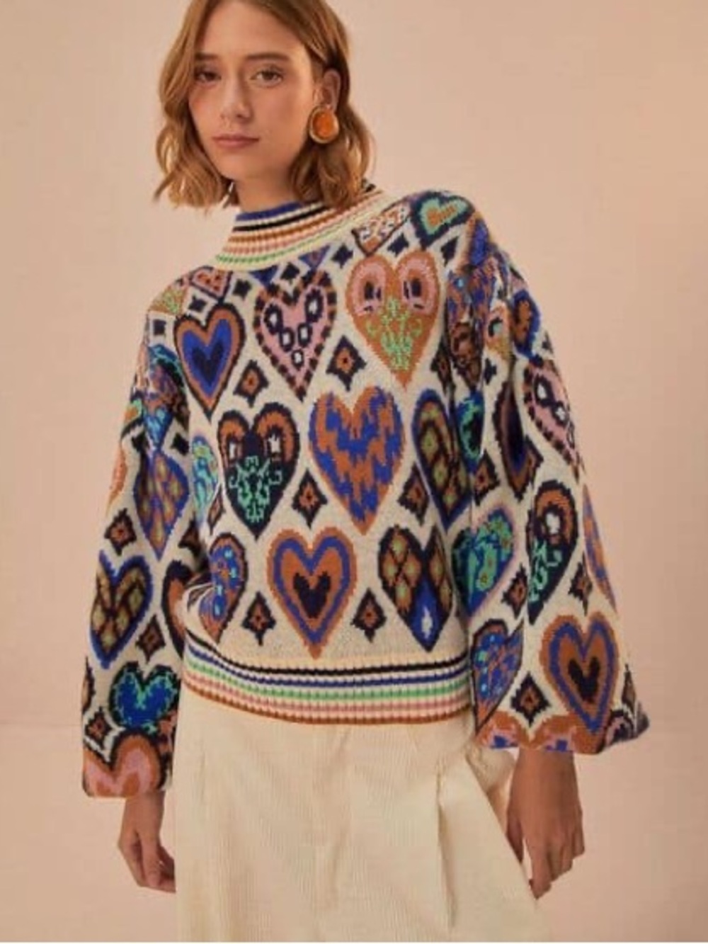 Farm Rio Hearts Ikat Baloon Sleeve High neck Boho Pullover Sweater size XS